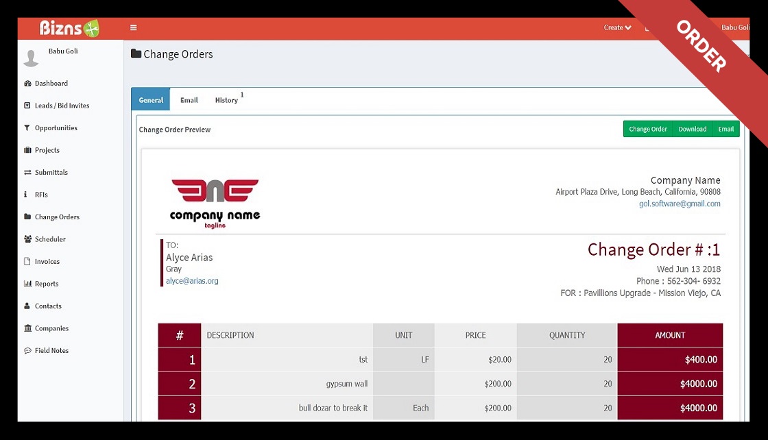 Estimates and Change Orders with Bizns Tool